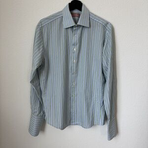 Thomas Pink Shirt Mens 15 1/2 Blue Green French Cuff Striped Button Up